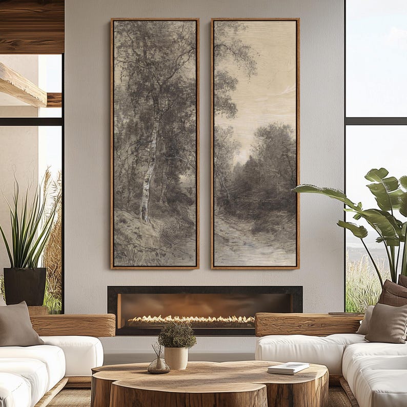Vintage Forest Sketch Wall Art - 20x60 Framed Canvas Set | Sepia ...