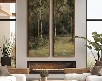 May include: Two framed vertical landscape paintings depict a forest scene with tall trees and a path. The artwork features a muted color palette of greens, browns, and yellows, creating a serene and natural ambiance. The frames are a warm brown color.