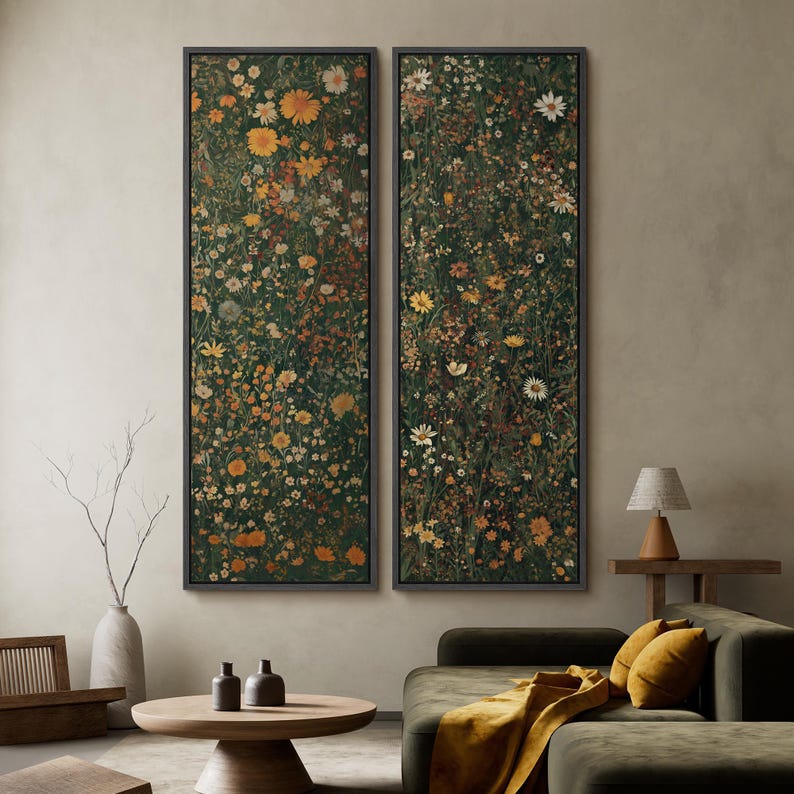Vintage Wildflower Meadow Wall Art - 20x60 Framed Canvas Set | Retro ...