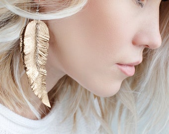 Light Golden metallic leather Feather Earrings with chains FREE SHIPPING fringe boho chic earrings