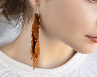 Brown suede leather Feather Earrings FREE SHIPPING fringe boho chic earrings