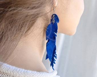 Bright Blue suede leather Feather Earrings FREE SHIPPING fringe boho chic earrings