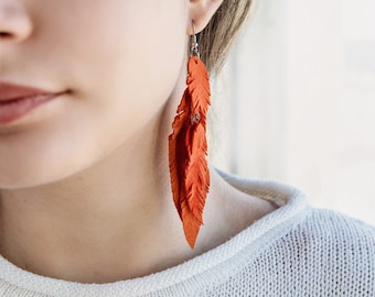 Orange suede leather Feather Earrings FREE SHIPPING fringe boho chic earrings