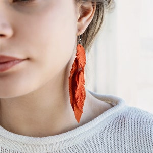 Orange suede leather Feather Earrings FREE SHIPPING fringe boho chic earrings image 1