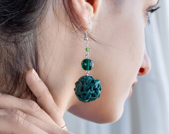 Dark green fabric Earrings, fabric bead earrings, textile earrings, dangle earrings