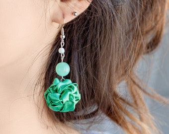 Green fabric Earrings, ruffled fabric bead earrings, textile earrings, dangle earrings