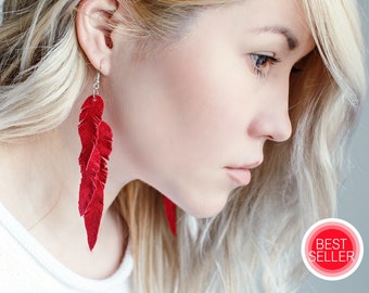 Red suede leather Feather Earrings FREE SHIPPING fringe boho chic earrings Christmas gift