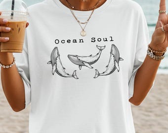 Camiseta de ballenas, camiseta alma del océano, camiseta de animales marinos, camiseta retro marina, camiseta playera costera, regalo para amantes del tiburón ballena, camiseta de verano