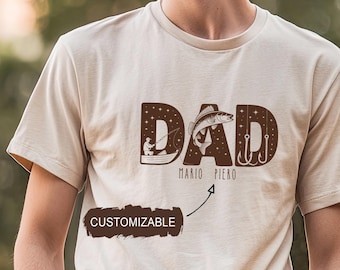 Aangepast shirt vissen vader met kindernamen, gepersonaliseerd Vaderdagcadeau, T-shirt visser, cadeau man vissen