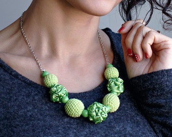 Bright green fabric and crochet beads necklace, textile necklace, textile jewelry, fashion necklace,Statement Necklace, Unique Gift for Her