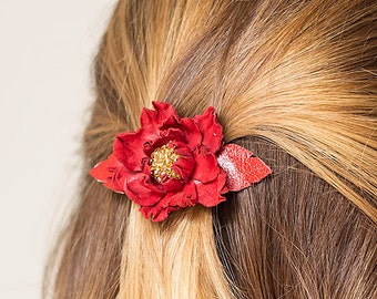 Barrette de fleur de cuir rouge, barrette de petite fleur, barrette rouge, barrette français, Noël, clip de cheveux rouges, accessoires de cheveux, boho