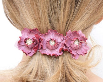 Pink Leather flower french barrette, rose quartz hair clip, Hair Accessories