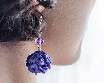 Purple fabric Earrings, violet fabric bead earrings, textile earrings, dangle earrings