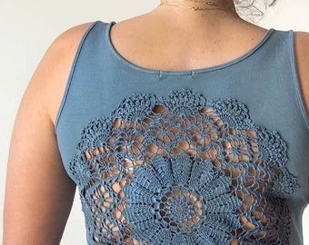 Steel Grey Tank Top with mandala doily crochet back - size XL