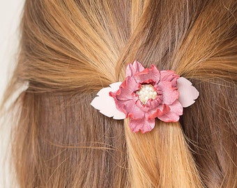 Pink Leather flower french barrette, hair clip, Hair Accessories