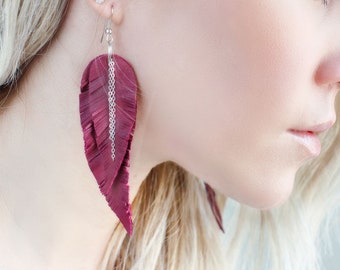 Dark red leather Feather Earrings with chains FREE SHIPPING fringe boho chic earrings