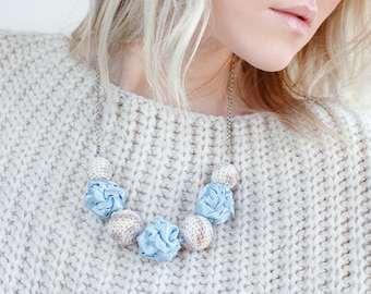 Light blue fabric and crochet beads necklace, Pastel textile necklace, cream textile jewelry, Statement Necklace, Unique Gift for Her