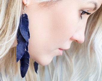 Dark blue suede leather Feather Earrings FREE SHIPPING fringe boho chic earrings
