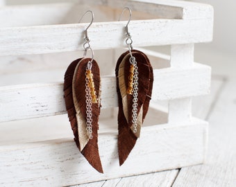 Brown and cream suede leather Feather Earrings, layered earrings, tribal Earrings, Boho earrings, dangle earrings