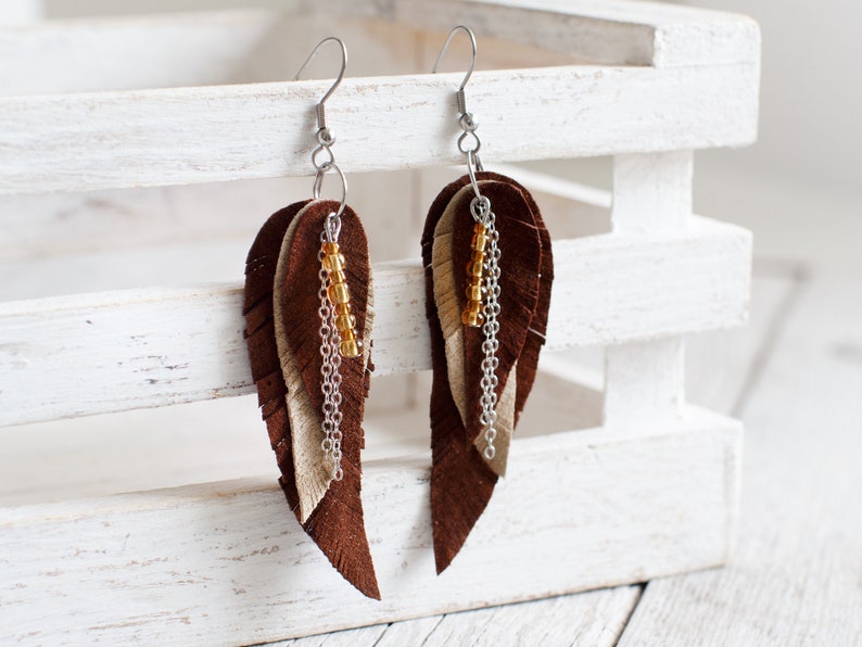 long earrings Cream beige suede leather Feather Earrings Boho earrings layered earrings dangle earrings tribal Earrings