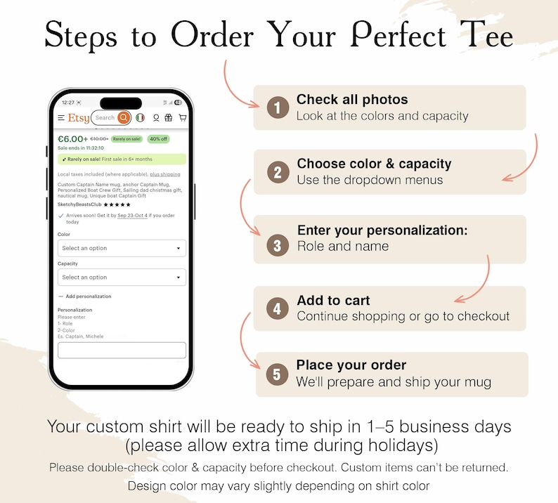 Puede incluir: Gr&aacute;fico de un anuncio de Etsy con el texto "Steps to Order Your Perfect Tee". El gr&aacute;fico muestra un tel&eacute;fono inteligente que muestra un anuncio de Etsy, con pasos numerados para pedir una camiseta personalizada, incluyendo color, capacidad y personalizaci&oacute;n.