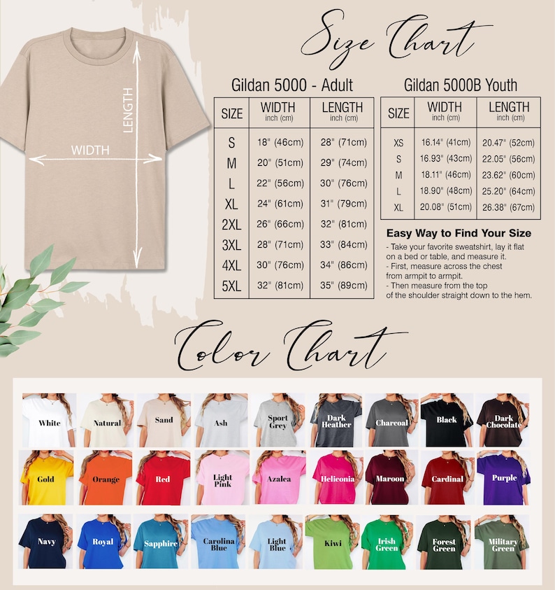 Puede incluir: Una camiseta Gildan 5000 beige con una tabla de tallas y opciones de color. La tabla de tallas incluye medidas en pulgadas (convertidas a cm) para tallas de adulto y juvenil. Las opciones de color incluyen blanco, natural y marino.