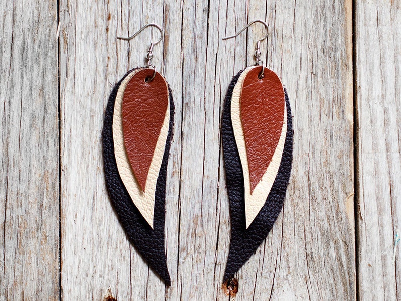 Dark brown, cream and brown Feather Earrings, Leather Feather Earrings, Boho chic, bohemian, leaf earrings, long earrings, wings image 4