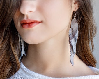 Grey suede leather Feather Earrings FREE SHIPPING fringe boho chic earrings