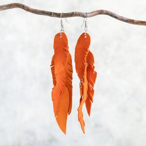 Orange suede leather Feather Earrings FREE SHIPPING fringe boho chic earrings image 3