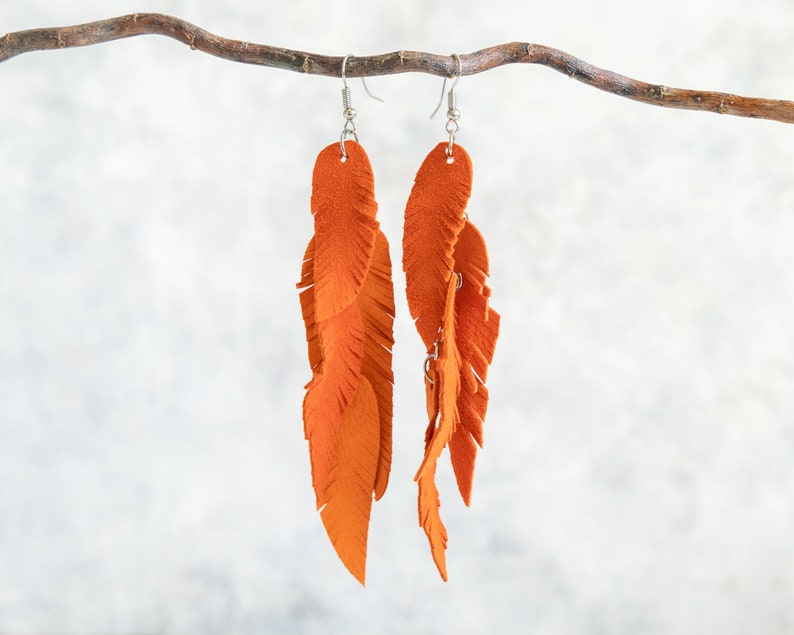 Orange suede leather Feather Earrings FREE SHIPPING fringe boho chic earrings image 3