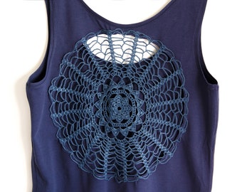 Dark blue Tank Top with crochet mandala doily back Size M