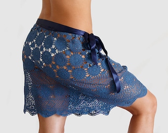Dark blue crochet beach skirt, crochet cover up, upcycled skirt, wrap  skirt