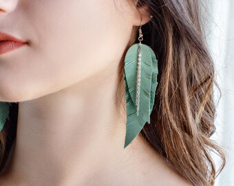 Light green teal leather Feather Earrings with chains FREE SHIPPING fringe boho chic earrings