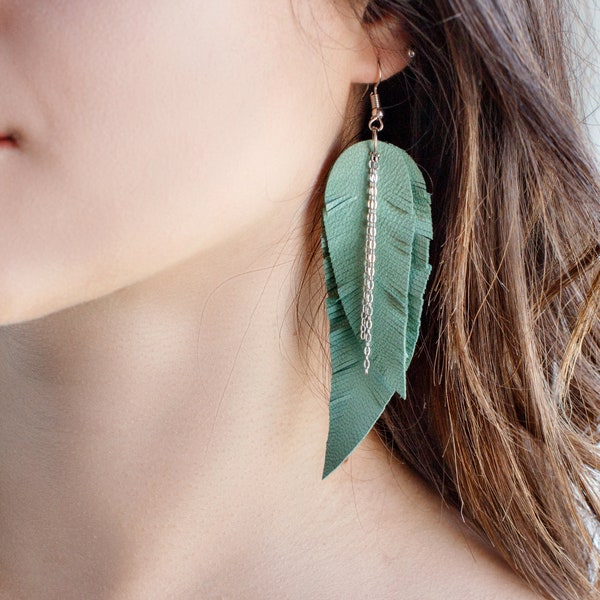 Light green teal leather Feather Earrings with chains FREE SHIPPING fringe boho chic earrings