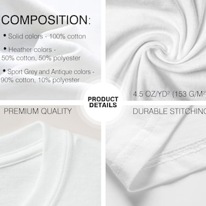 Puede incluir: Primer plano de una camiseta blanca que muestra detalles de la tela. La imagen incluye texto que detalla la composici&oacute;n: 100% algod&oacute;n para colores lisos, 50% algod&oacute;n/50% poli&eacute;ster para colores jaspeados y 90% algod&oacute;n/10% poli&eacute;ster para colores gris deportivo y antiguos. El tejido pesa 153 G/M&sup2;.