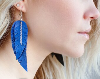 Blue leather Feather Earrings with chains FREE SHIPPING fringe boho chic earrings