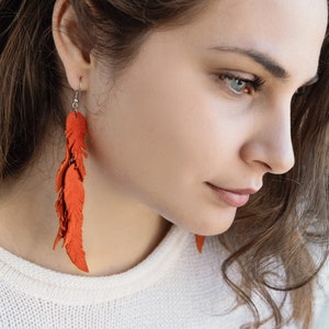 Orange suede leather Feather Earrings FREE SHIPPING fringe boho chic earrings image 2