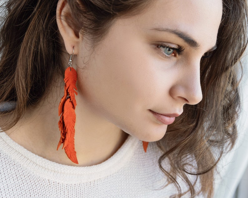 Orange suede leather Feather Earrings FREE SHIPPING fringe boho chic earrings image 2