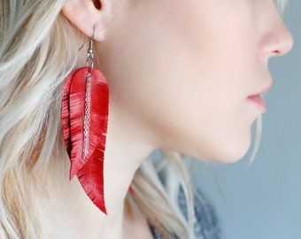 Red leather Feather Earrings with chains FREE SHIPPING fringe boho chic earrings