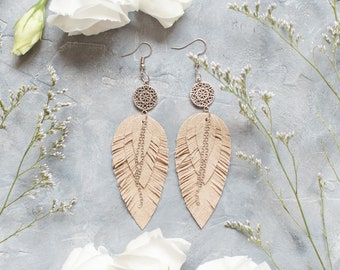 Cream suede leather Feather Earrings FREE SHIPPING fringe boho chic earrings