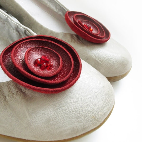 Deep Red leather flower Shoe Clips