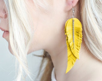 Yellow leather Feather Earrings with chains FREE SHIPPING fringe boho chic earrings
