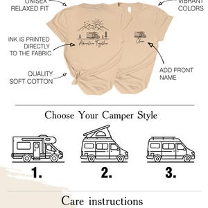 May include: Two beige t-shirts with black camper graphics and text. One shirt says "Adventure Together" and the other says "Clara". The image also shows camper style options and care instructions.