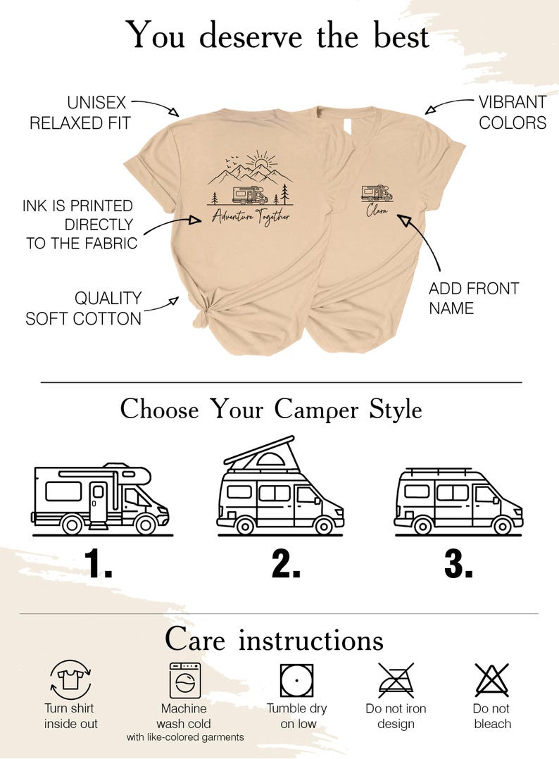 May include: Two beige t-shirts with black camper graphics and text. One shirt says "Adventure Together" and the other says "Clara". The image also shows camper style options and care instructions.