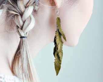 Olive green suede leather Feather Earrings FREE SHIPPING fringe boho chic earrings