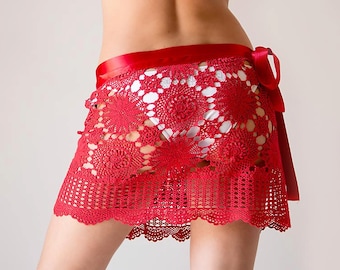Crochet beach skirt, crochet cover up, red crochet skirt, wrap  skirt