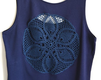 Dark blue Tank Top with crochet mandala doily back Size XL