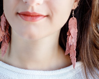 Light Pink suede leather Feather Earrings, layered earrings, tribal Earrings, Boho earrings, dangle earrings, long earrings