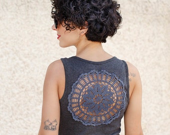 Grey Tank Top with upcycled vintage doily crochet back - size S-M and M-L