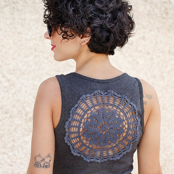 Grey Tank Top with upcycled vintage doily crochet back - size S-M and M-L